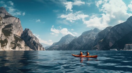 Wall Mural - Men sitting and paddle kayaks in the blue sea surrounded by mountains.generative ai