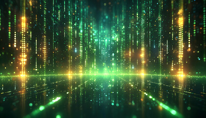 Wall Mural - Glowing green abstract lights in a dark, creating a sci-fi atmosphere texture Mysterious scene with vibrant green futuristic digital scene, featuring green neon lines cascading down a black background