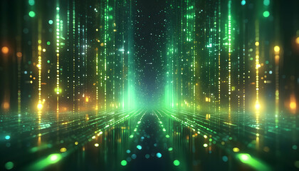 Wall Mural - Glowing green abstract lights in a dark, creating a sci-fi atmosphere texture Mysterious scene with vibrant green futuristic digital scene, featuring green neon lines cascading down a black background