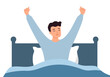 © Orapun - Happy young man stretch waking up in home bedroom. Smiling guy with good morning in bed.