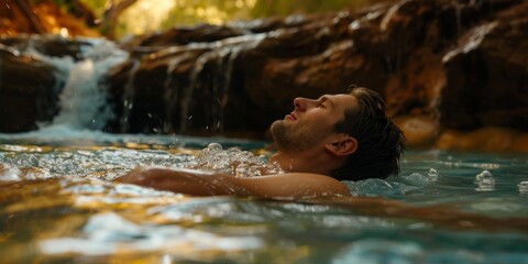 Poster - Man Relaxing in a Natural Waterfall Pool