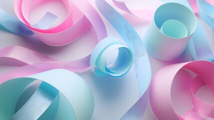 2. **Prompt:** An abstract 3D illustration showcasing pastel neon scrolls and paper ribbon rolls set against a fashionable backdrop. The design incorporates elegant spirals and curls, along with