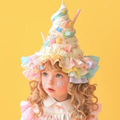 Sticker - Little Girl Wearing a Whimsical Candy-Themed Hat.