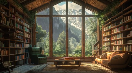 A cozy library in a wooden house with big windows, a forest and mountains outside the window