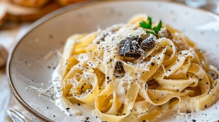 Wall Mural - A plate of tagliatelle al tartufo, with a creamy truffle sauce and shaved Parmesan.