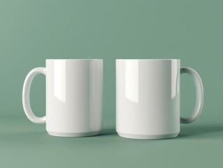 Two white ceramic mugs on a green background with soft lighting.