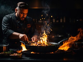 Chef cooking food in pan with fire flame on black background