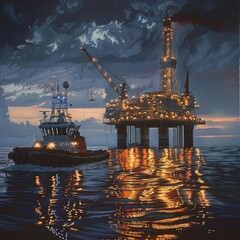 Poster - An offshore oil rig with a crew boat nearby, both illuminated by lights as dusk falls over the ocean. 