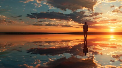 Poster - Silhouette of a man standing in the water at sunset