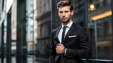 Wall Mural - Handsome man wear black suit. 