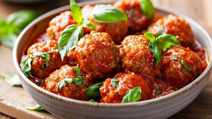 Wall Mural - A serving of classic Italian meatballs, cooked in a rich marinara sauce and topped with fresh basil.