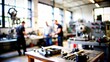 © N7 - Workshop Blur: Blurred workshop environment with tools and equipment.