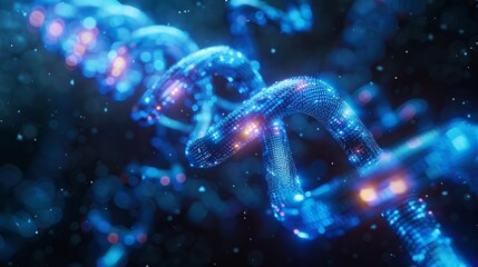 Blockchain as a digital DNA strand, futuristic, blue and white, 3D render, detailed, strand glowing with digital data