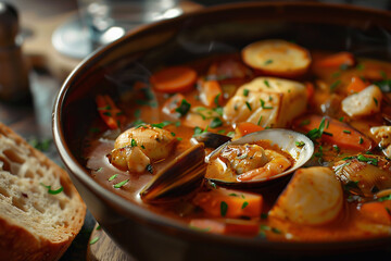 Wall Mural - French bouillabaisse stew, full of Mediterranean seafood and tomatoes, cinematic food photography