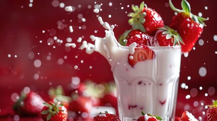 Canvas Print - strawberry falling into milk