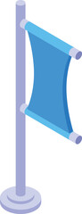 Poster - Blue rectangular textile banner flag waving on metal pole fixed to round base, advertising concept
