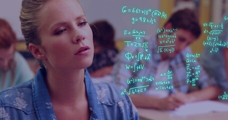 Poster - Image of equations and data processing over caucasian female student