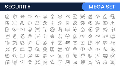 Poster - Set of Security web icons in line style. Guard, cyber security, password, smart home, safety, data protection, key, shield, lock, unlock, eye access. Security outline icon set.