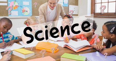 Sticker - Image of science text and question marks over diverse schoolchildren with teacher in classroom