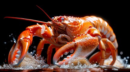 A lobster is standing in the water with its claws extended.