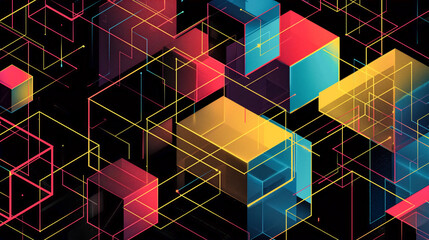 Bright neon lines and cubes in a complex geometric abstract design