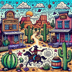  Doodle art cartoon of a wild west town with cowboys and saloons