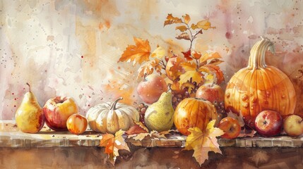 Aufkleber - A still life painting depicts a variety of autumn fruits and pumpkins arranged on a wooden table. The painting is executed in a watercolor style, with vibrant colors and soft, delicate brushstrokes. T