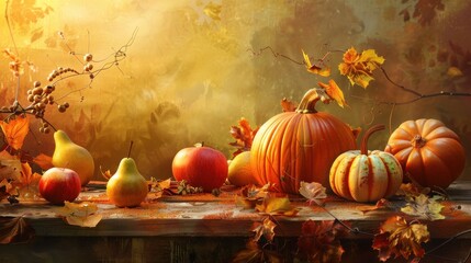 Poster - A wooden table with a rustic finish is covered in scattered autumn leaves. A large orange pumpkin sits in the center with two smaller pumpkins, a red apple, and two yellow pears arranged around it. Th