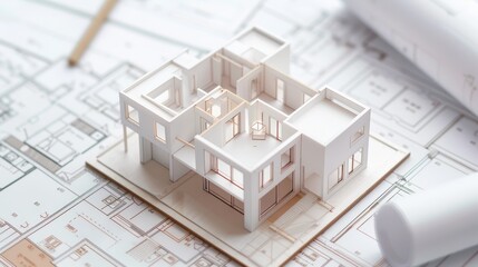 Aufkleber - Architectural model of a modern house on blueprints, representing real estate development and planning in the construction industry.