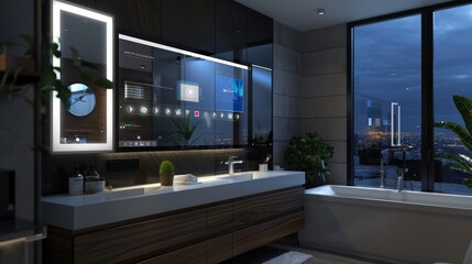 Wall Mural - A sophisticated smart mirror in a modern bathroom, displaying weather updates, calendar events, and fitness goals while reflecting the user.