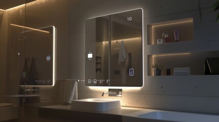 Poster - A sophisticated smart mirror in a modern bathroom, displaying weather updates, calendar events, and fitness goals while reflecting the user.