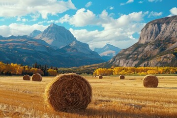 Wall Mural - Hay bales in a field with mountains