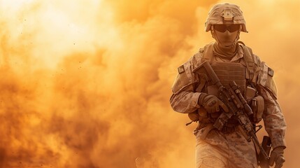 Special operations forces soldier in military ammunition covered with smoke. Concept of defense, war, weapons and protection