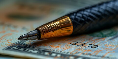 An image of a pen resting on a dollar bill.