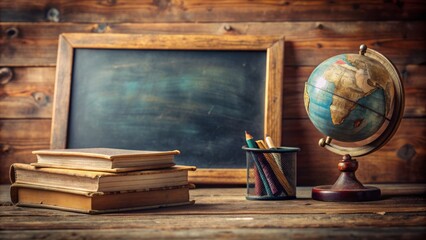 Retro styled classroom setup featuring old blackboard, chalk, vintage books, globe, and pencil against blurred background perfect for educational content.