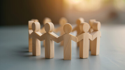 Poster - Wooden figures standing in a circle holding hands, symbolizing unity, teamwork, and collaboration with warm sunlight in the background.