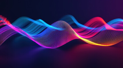 Poster - Abstract digital wave pattern with vibrant neon colors on a dark background, representing futuristic technology and dynamic energy.