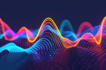Aufkleber - colorful abstract wave forms in digital landscape with neon lights and glowing particles on a dark b