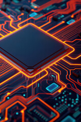 Poster - Close-up of an illuminated computer motherboard featuring intricate circuitry and glowing orange lines, showcasing modern technology and electronics.