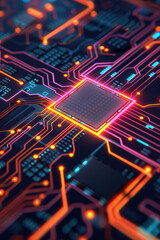 Poster - Close-up of a futuristic, glowing semiconductor chip with intricate circuitry patterns, representing advanced technology and innovation in electronics.