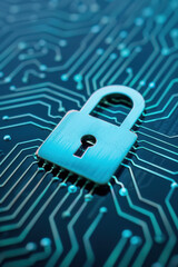 Poster - Close-up of a digital padlock icon on a circuit board, symbolizing cybersecurity and data protection in modern technology.