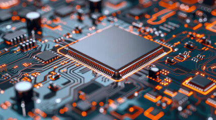 Poster - Close-up of a modern microchip on a circuit board, highlighting intricate pathways, components, and glowing details. Perfect for tech and innovation themes.