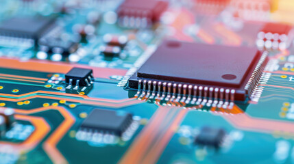Poster - Close-up view of a complex electronic circuit board with microchips and components, depicting modern technology and innovation in electronics.