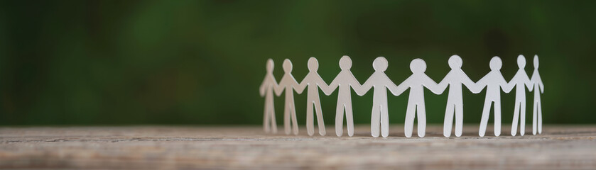 Poster - Paper cutout figures holding hands in a circle on a wooden surface with a blurred green background, symbolizing unity, teamwork, and community.