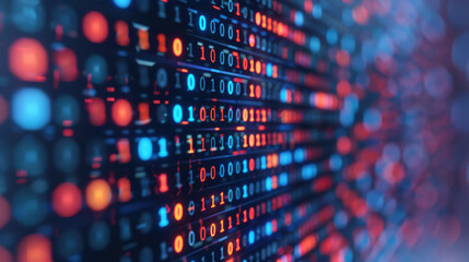 Aufkleber - Bright binary code on an LED screen representing data processing, digital technology, and futuristic computing concepts.