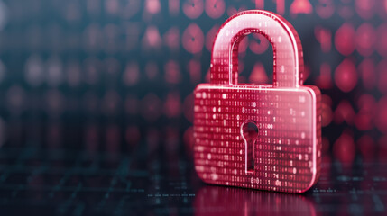 Aufkleber - Red digital padlock symbolizing cybersecurity, data protection, and network privacy against a blurred background of binary code and glowing numbers.