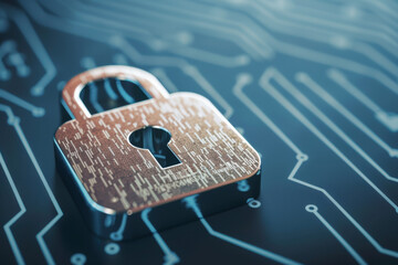 Aufkleber - A metallic padlock symbol displayed on a circuit board, representing data security and protection in the digital world.
