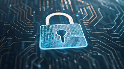 Aufkleber - A glowing digital padlock symbol on a circuit board background, representing cybersecurity, data protection, and secure digital communication.