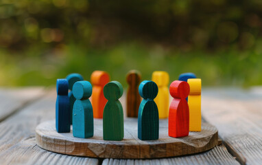 Poster - Colorful wooden figurines arranged in a circle on a wooden surface against a blurred natural background.