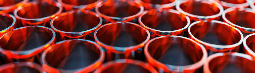 Poster - Close-up of shiny red metal pipes arranged in an orderly manner, reflecting vibrant colors and creating an abstract industrial pattern.